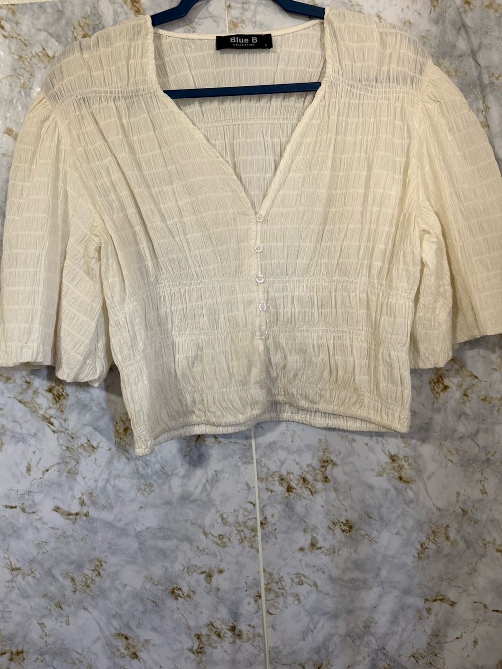 Blue B Cream Smocked V-Neck Button-Front Blouse